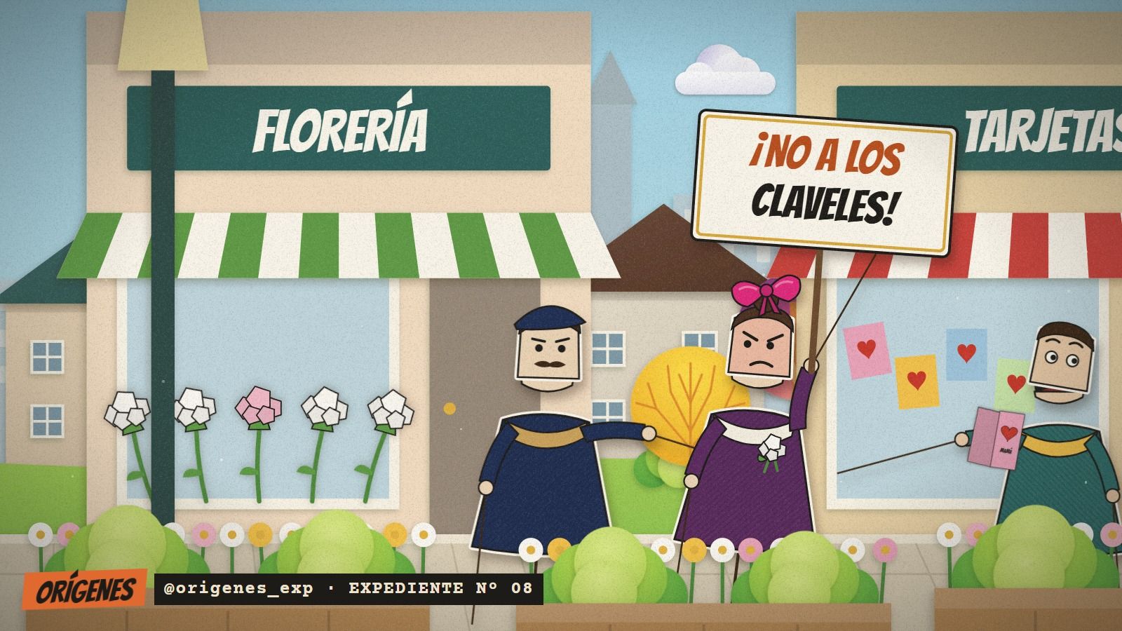 Teatro de papel: en una calle con una florería y una tienda de tarjetas, Anna Jarvis, con moño fucsia y cara de furia, levanta un cartel que dice ¡NO A LOS CLAVELES! mientras un policía la mira y un señor sale con una tarjeta comprada.
