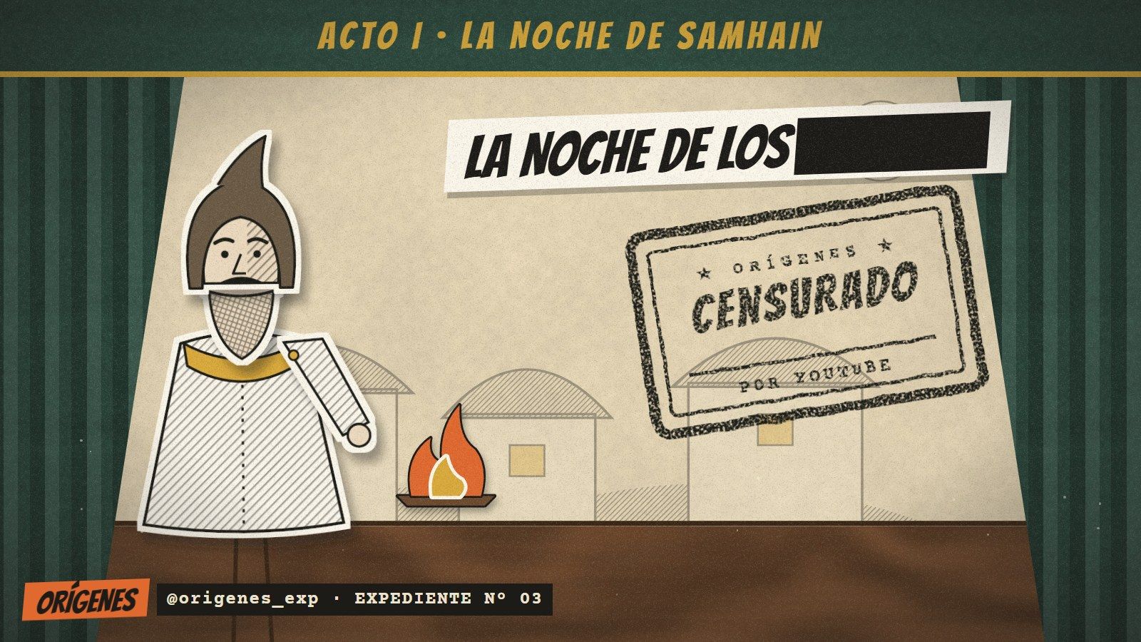 Escenario de teatro de papel con un druida junto a una fogata, un cartel que dice LA NOCHE DE LOS con la última palabra tapada y un sello CENSURADO POR YOUTUBE.