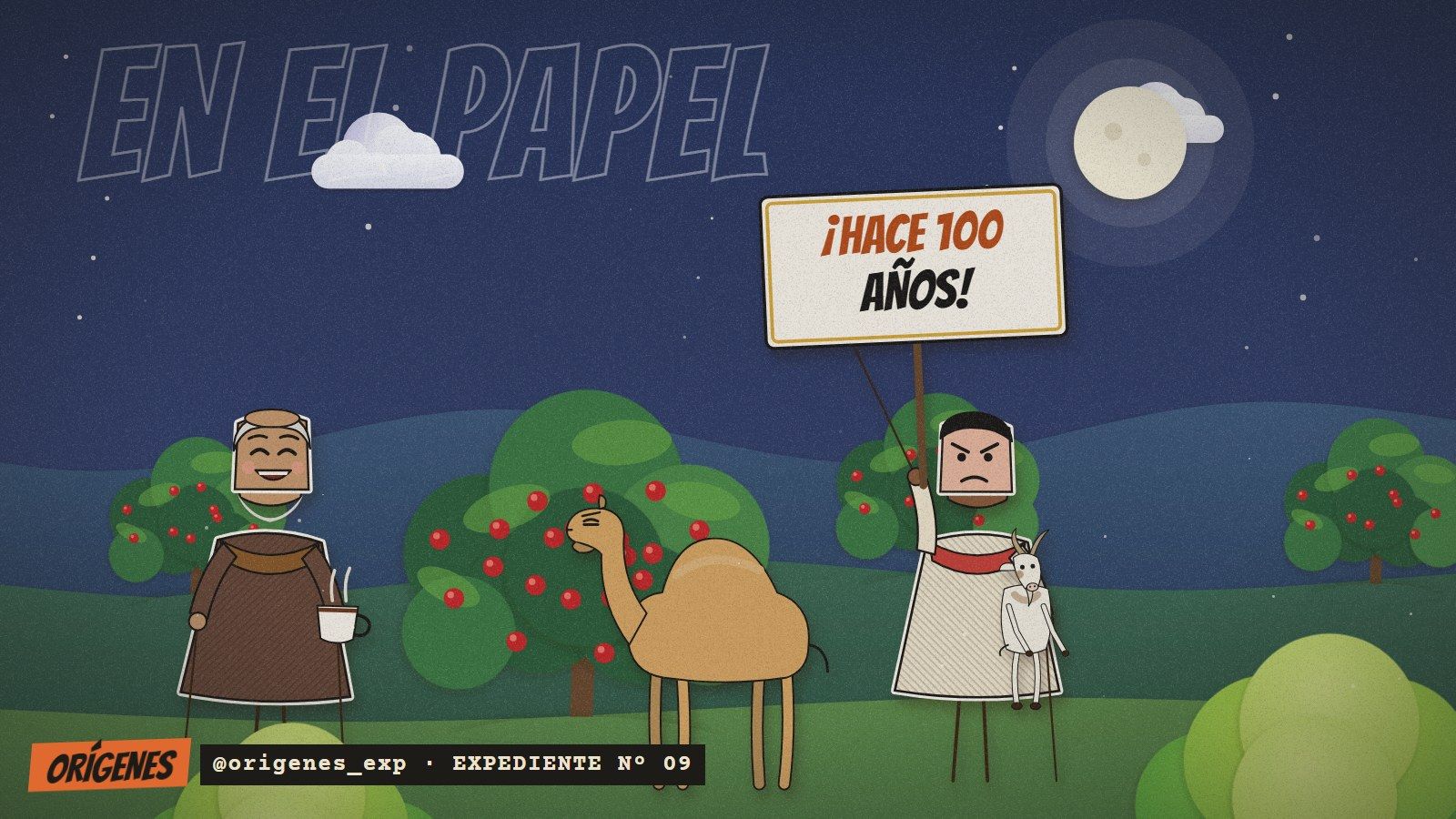 Teatro de papel bajo la luna: Kaldi, el pastor de la leyenda, levanta enojado un cartel que dice ¡HACE 100 AÑOS!, al lado de una cabra y de un camello; a la izquierda, el monje con su taza.