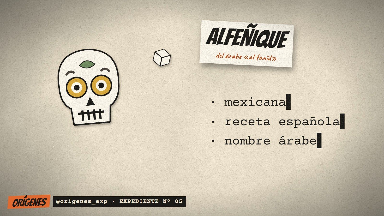 Calavera de azúcar dibujada, blanca con ojos amarillos y una hoja verde en la frente, junto a un cubo de azúcar. Una etiqueta dice Alfeñique, del árabe al-fanîd, y una lista a máquina: mexicana, receta española, nombre árabe.