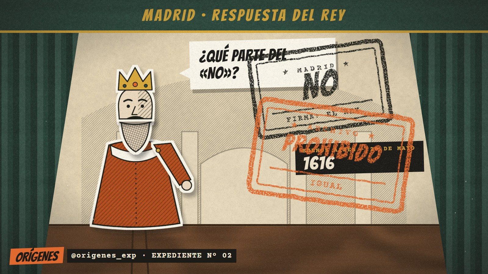 Títere de papel de un rey con corona y capa roja que pregunta «¿Qué parte del NO?», junto a un sello negro de Madrid que dice NO y un sello naranja que dice PROHIBIDO 1616 IGUAL