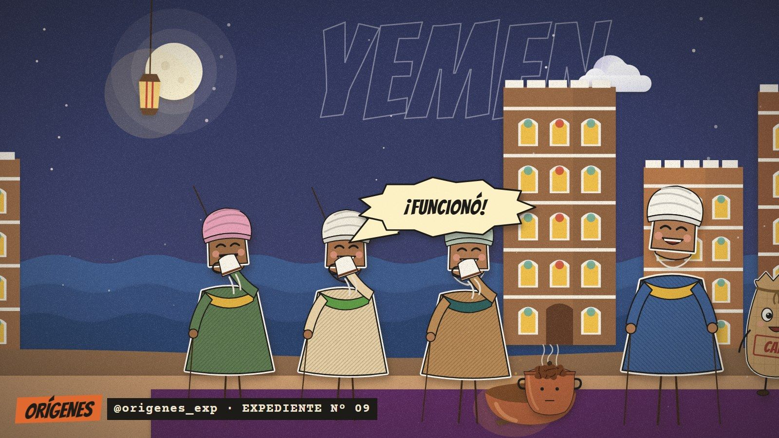 Teatro de papel nocturno en Yemen, con casas torre de ladrillo: cuatro místicos de turbante toman de sus tazas, uno grita ¡FUNCIONÓ! y a sus pies humea una olla de café.