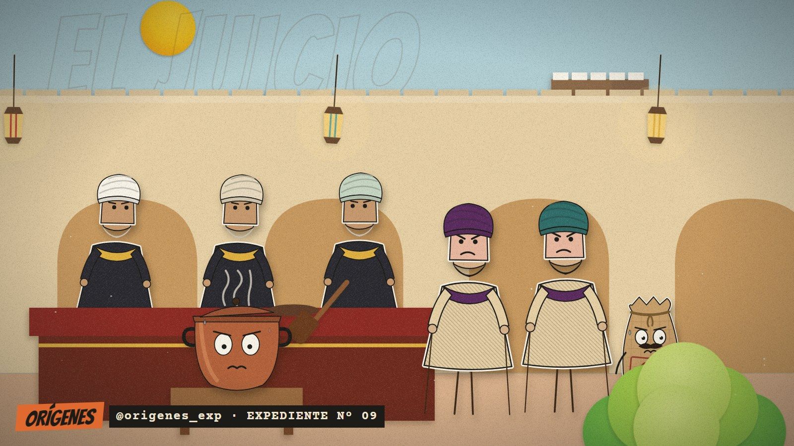 Teatro de papel: detrás de una mesa roja, tres jueces de turbante; delante, una olla de café humeante con cara de susto; a la derecha, dos médicos de turbante la miran serios.