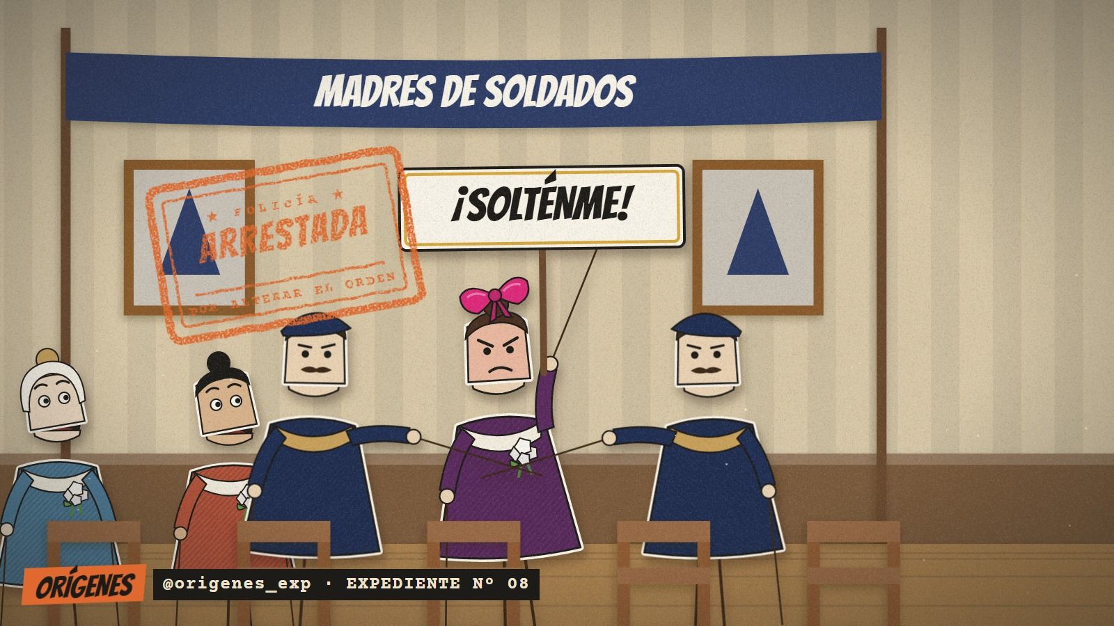 Teatro de papel: en un salón con el cartel MADRES DE SOLDADOS, dos policías agarran de los brazos a Anna Jarvis, que grita ¡SOLTÉNME! Sobre la pared, un sello naranja: ARRESTADA · alterar el orden.