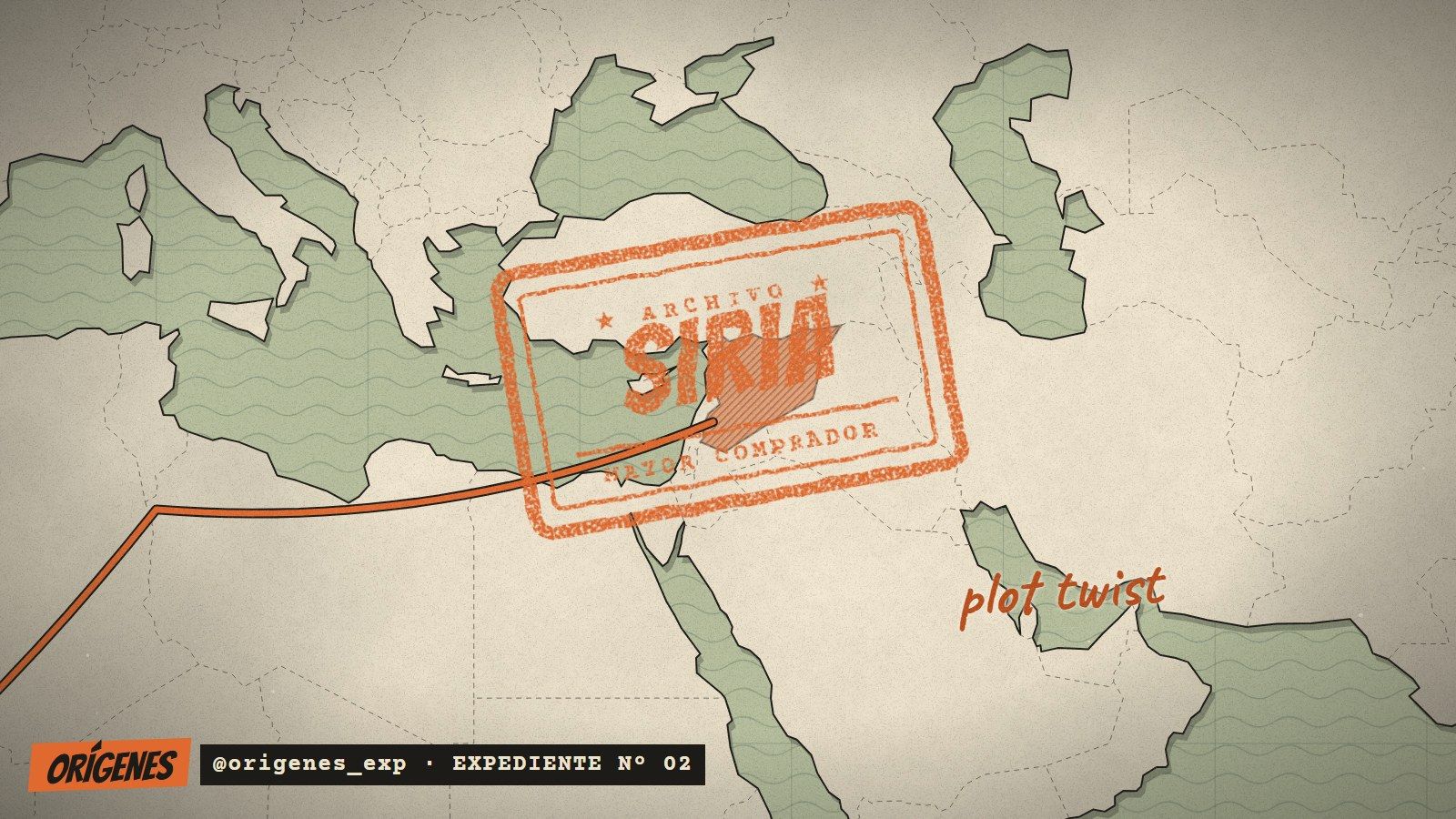 Mapa del Mediterráneo oriental y Medio Oriente con una línea naranja que llega desde el oeste hasta Siria, un sello naranja con la palabra SIRIA y «mayor comprador», y la nota «plot twist»