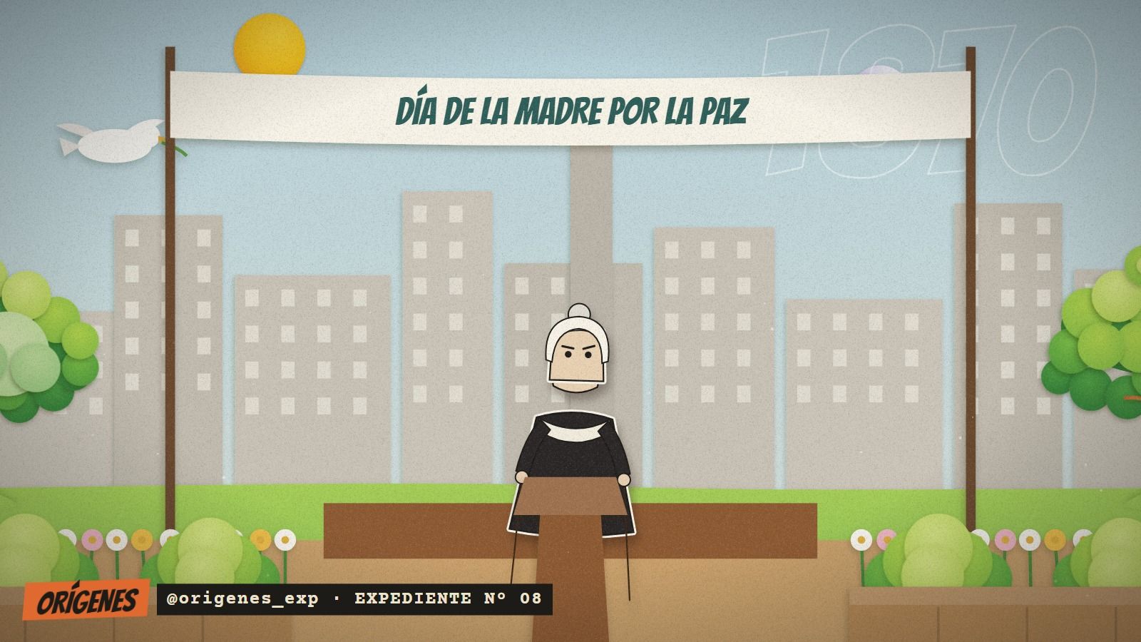 Teatro de papel: en una plaza de 1870, bajo una pancarta que dice DÍA DE LA MADRE POR LA PAZ y una paloma blanca, Julia Ward Howe, de cofia y vestido negro, habla desde un atril.