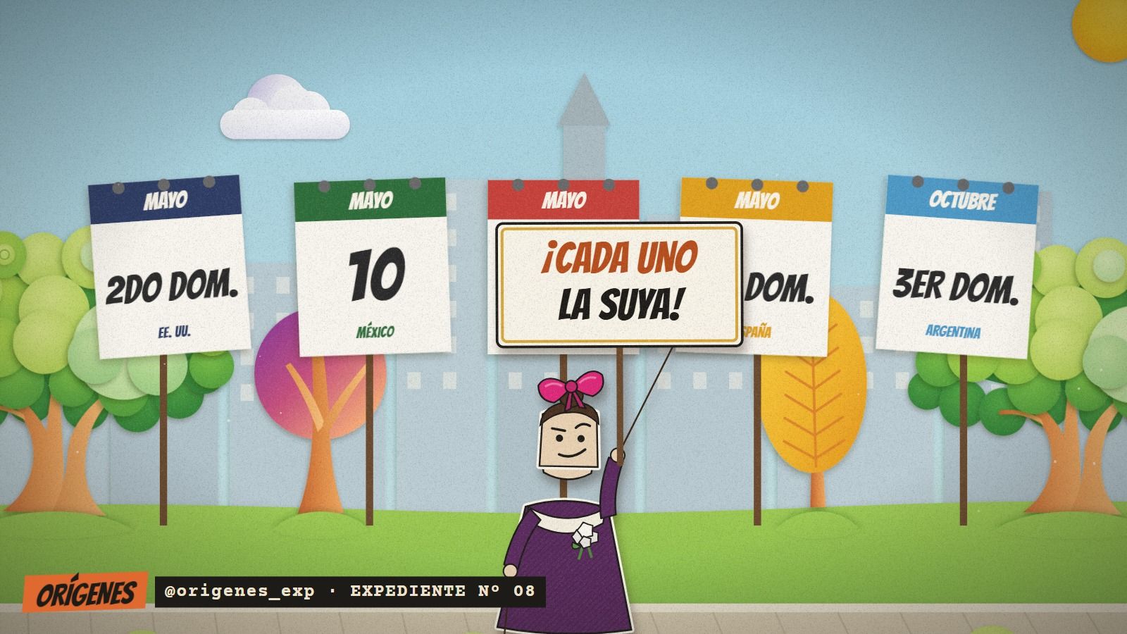 Teatro de papel: en una plaza, cinco hojas de almanaque colgadas: 2DO DOMINGO DE MAYO (EE. UU.), 10 DE MAYO (México), 1ER DOMINGO DE MAYO (España), 27 DE MAYO (Bolivia) y 3ER DOMINGO DE OCTUBRE (Argentina). Abajo, Anna levanta un cartel: ¡CADA UNO LA SUYA!
