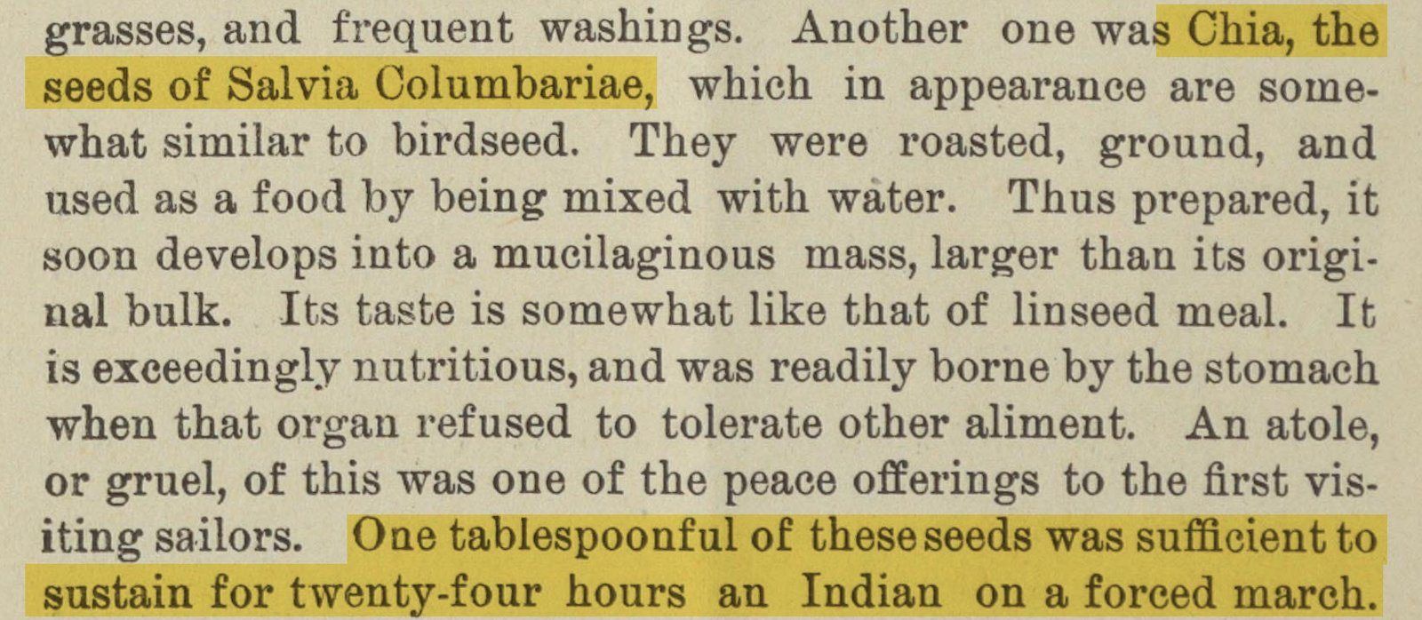 Recorte de una página impresa en inglés de 1894, con dos pasajes resaltados en amarillo: Chia, the seeds of Salvia Columbariae, y One tablespoonful of these seeds was sufficient to sustain for twenty-four hours an Indian on a forced march.