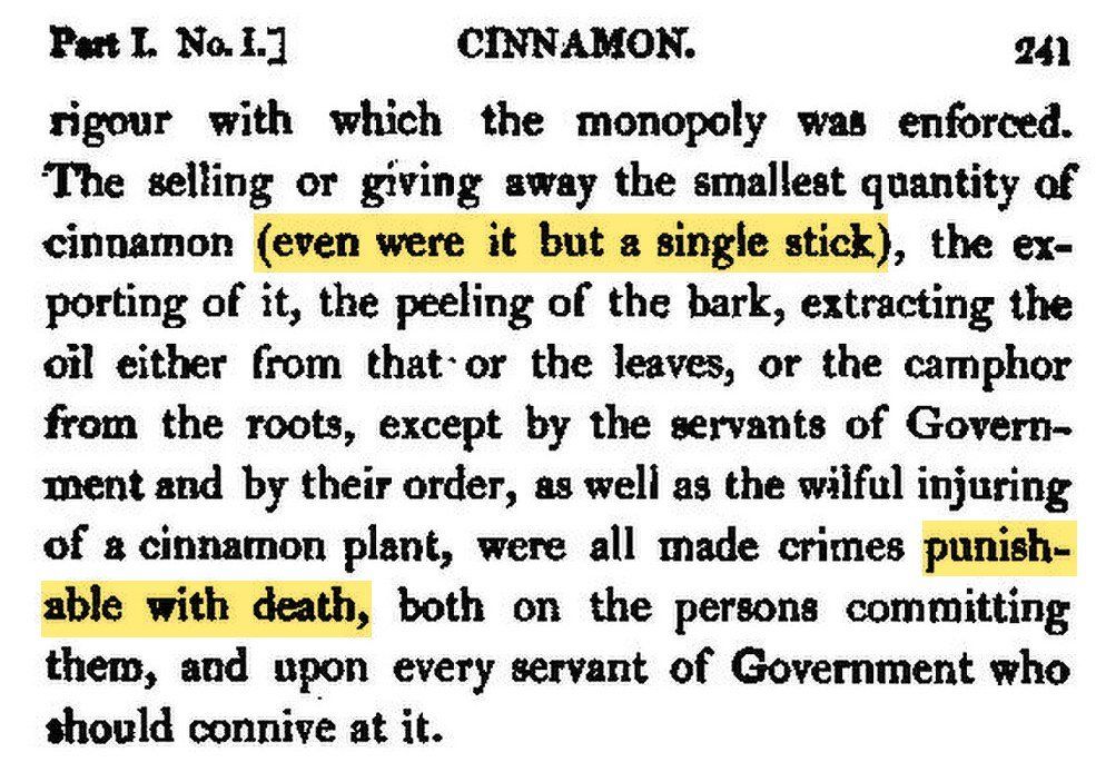 Recorte de una página impresa en inglés en 1817. Resaltada en amarillo, la frase «even were it but a single stick» y, más abajo, «punishable with death».