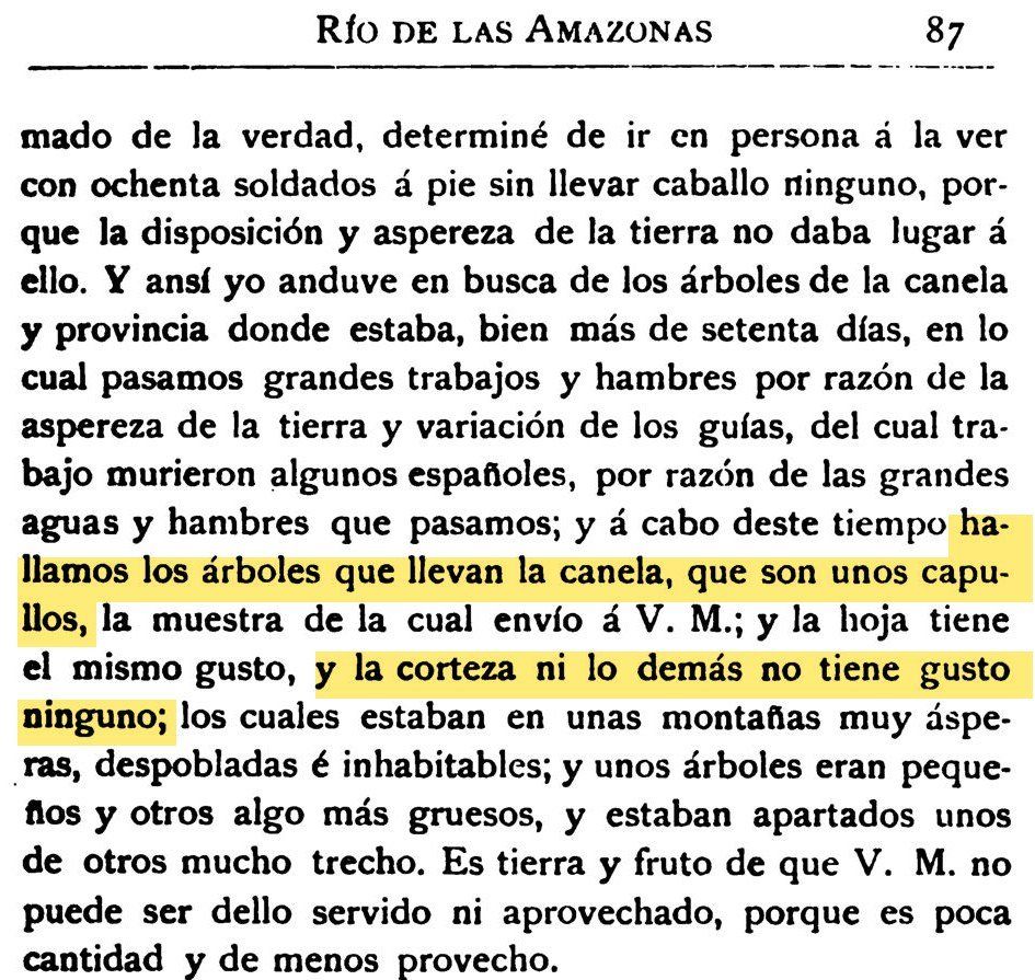 Recorte de una página impresa en 1894 con la carta de Gonzalo Pizarro al rey. Resaltado en amarillo: «hallamos los árboles que llevan la canela, que son unos capullos».