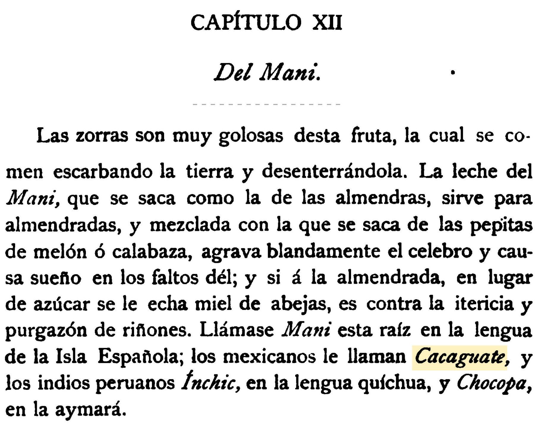 Recorte del capítulo «Del Maní» de Bernabé Cobo: el párrafo de las zorras que lo desentierran y de sus nombres, con «Cacaguate» resaltado en amarillo.