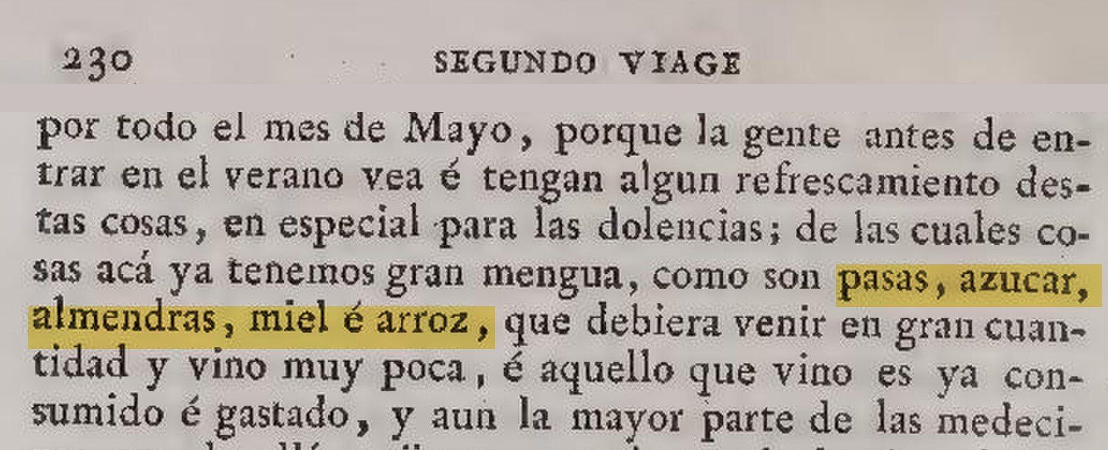 Recorte de una página impresa de 1825 con el pedido de Colón; resaltado en amarillo: «pasas, azucar, almendras, miel é arroz».