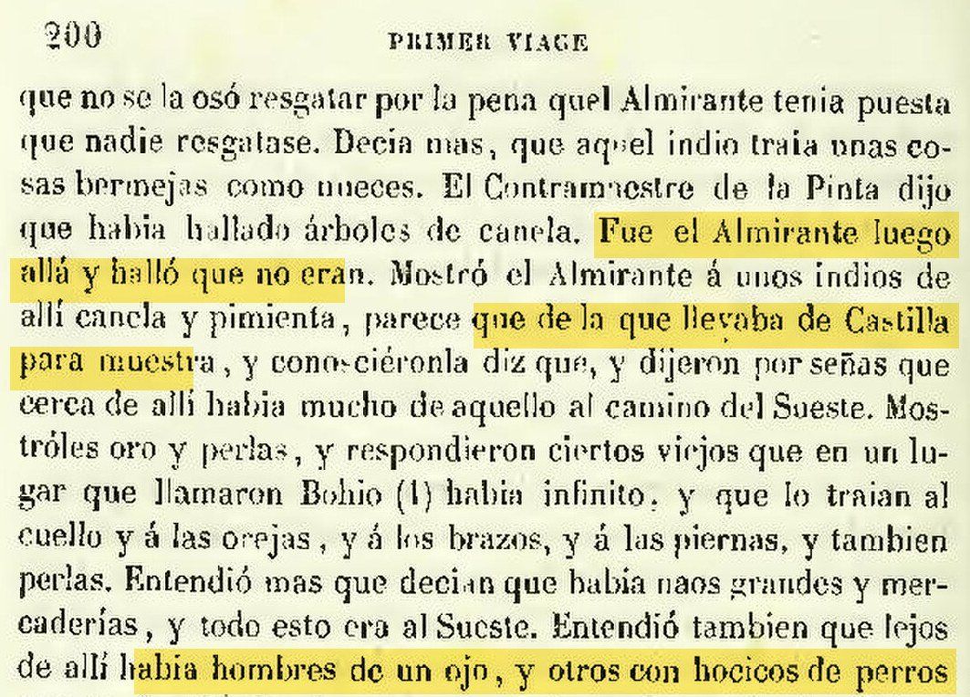 Recorte de una página impresa en 1825 con el diario de Colón del 4 de noviembre de 1492. Resaltada en amarillo, la frase: «Fue el Almirante luego allá y halló que no eran».
