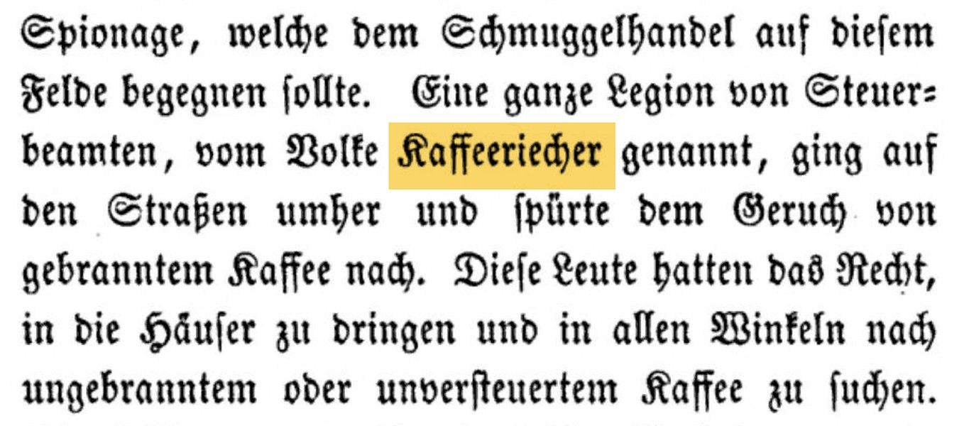 Recorte de la página 35 de un libro alemán de 1870 en letra gótica; resaltada en amarillo, la palabra Kaffeeriecher.