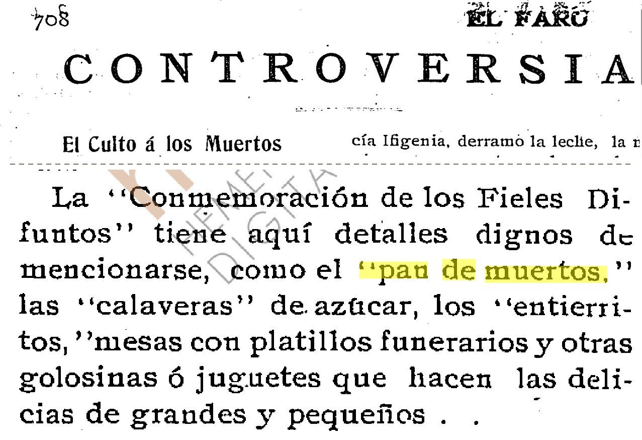 Recorte de la revista El Faro del 4 de noviembre de 1910: arriba, la columna «El Culto á los Muertos»; abajo, el párrafo que nombra el «pan de muertos», resaltado en amarillo, junto a las calaveras de azúcar y los entierritos.