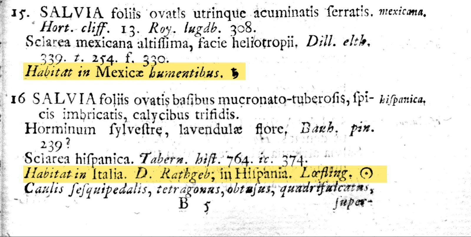 Página impresa en latín de 1753 con dos entradas numeradas 15 y 16. En la 15, resaltado: Habitat in Mexicae humentibus. En la 16, la chía, resaltado: Habitat in Italia, in Hispania.
