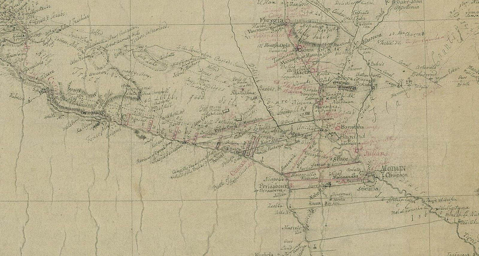 Mapa antiguo dibujado a mano de la llanura entre los ríos Éufrates y Tigris, con muchos canales cruzados, el rótulo en rojo «Battle of Cunaxa» abajo a la izquierda y la ciudad de Bagdad a la derecha.