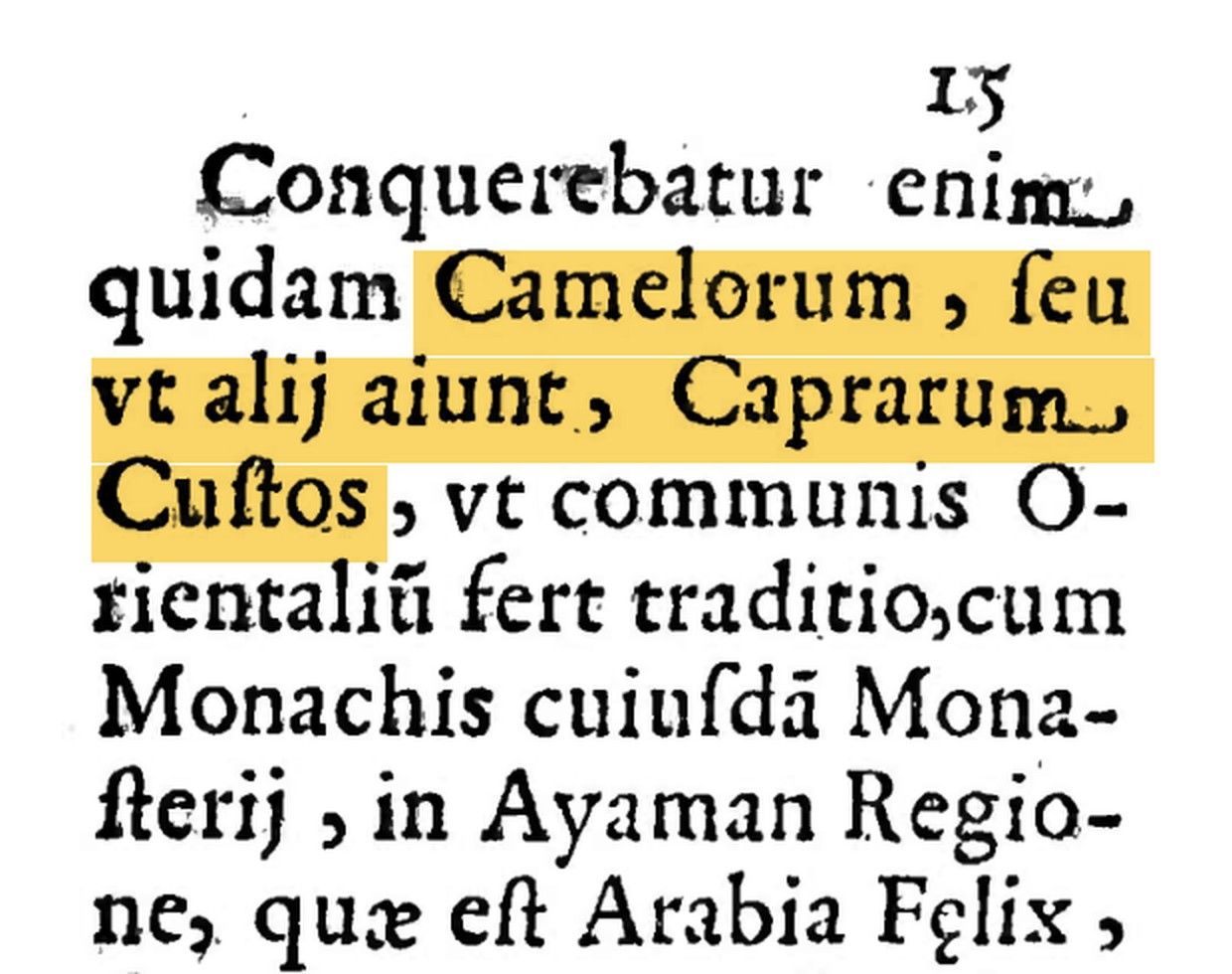 Recorte de la página 15 de un libro en latín impreso en Roma en 1671; resaltada en amarillo, la frase «Camelorum, seu vt alij aiunt, Caprarum Custos».