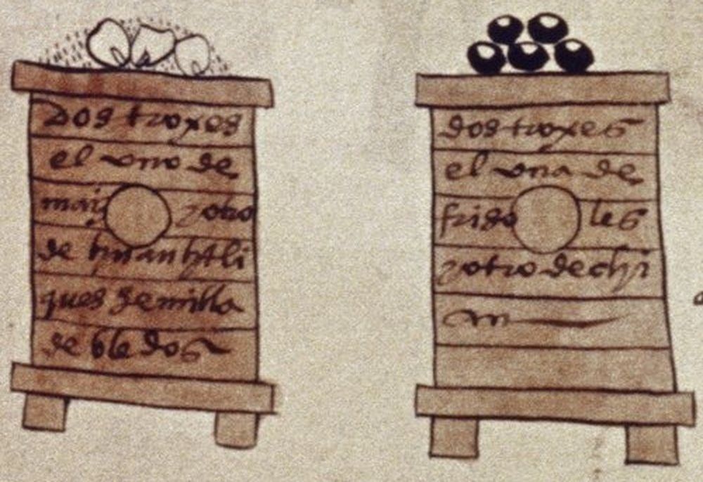 Dos graneros de madera pintados en el Códice Mendoza, con texto en castellano antiguo escrito adentro. Sobre el de la derecha, bolitas negras de frijol; adentro dice: dos troxes, el uno de frisoles y otro de chian.