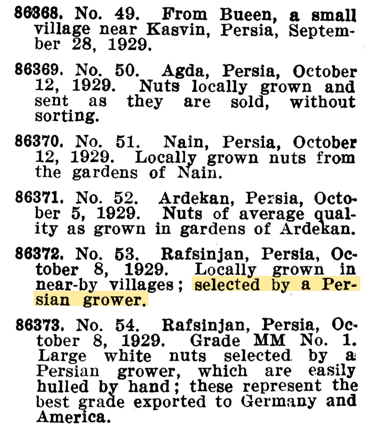 Recorte de una página mecanografiada del inventario del Departamento de Agricultura de Estados Unidos, con la entrada número 53 de Rafsanjan, Persia, 1929, y la frase «selected by a Persian grower» resaltada en amarillo.